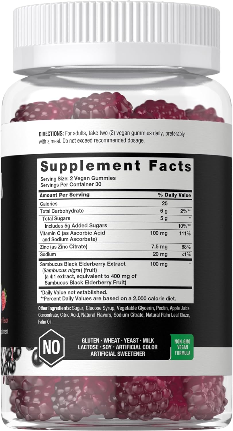 Black Elderberry Gummies | 60 Count | with Zinc and Vitamin C | Vegan, Non-GMO, Gluten Free Extract for Adults