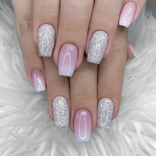 Angwis 24pcs Short Coffin False Nails Glitter Silver Stick on Nails Pink Ombre Press on Nails Removable Glue-on Nails Acrylic Full Cover Fake Nails Women Girls Nail Art Accessories