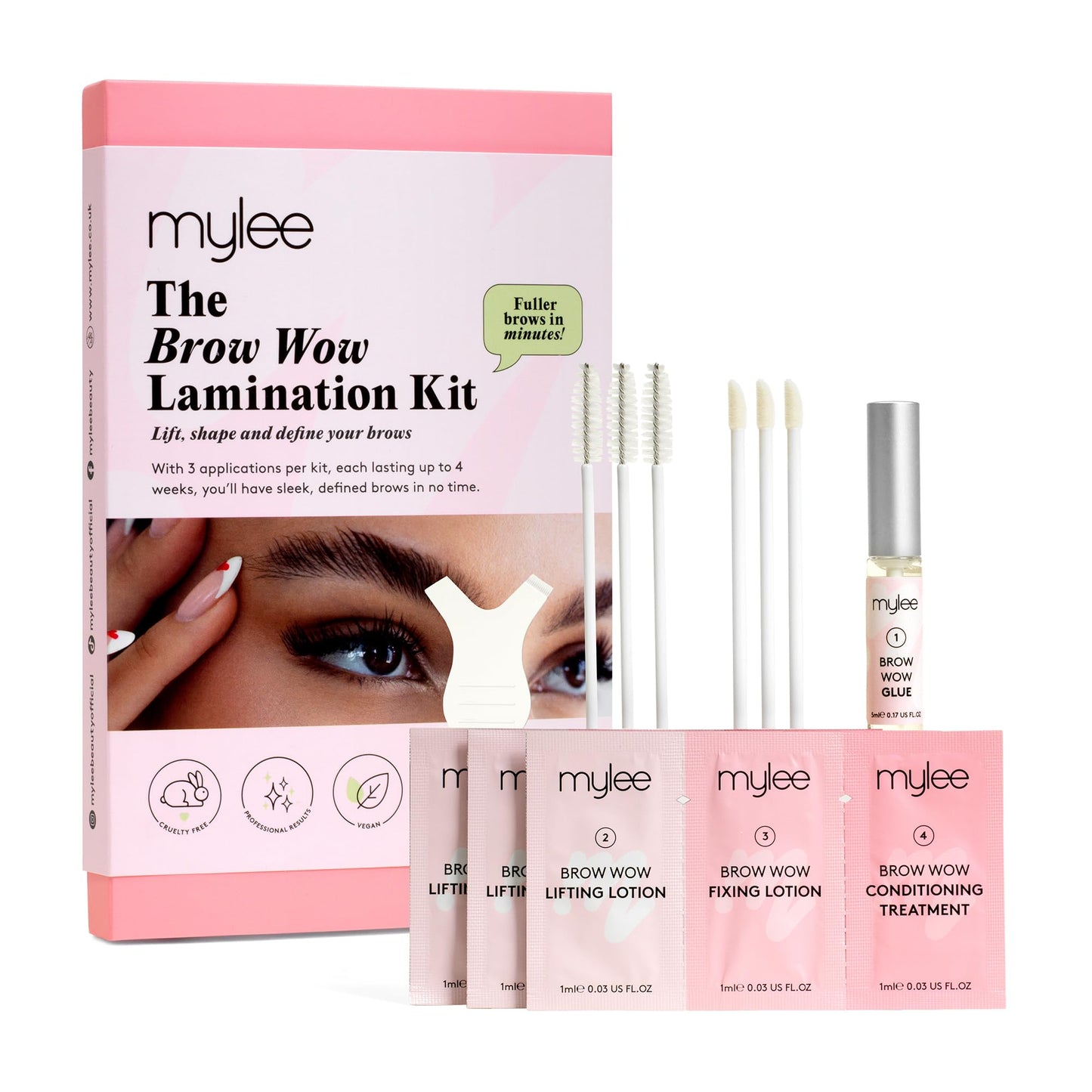 MYLEE Mylee Brow Wow Lamination Kit – Eyebrow Lamination Kit for Fuller, Fluffier, Defined Brows – 3 Applications – 4-Step System with Glue, Lifting, Fixing & Conditioning – Vegan & Cruelty-Free