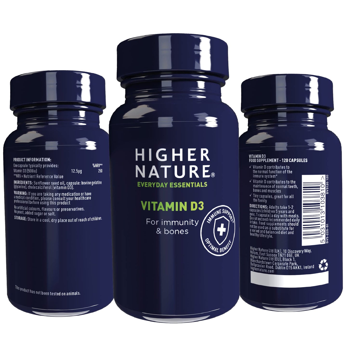 HIGHER NATURE Higher Nature - Vitamin D3 - Supports Immunity - Supports Muscle Function - The Sunshine Vitamin - 120 Capsules