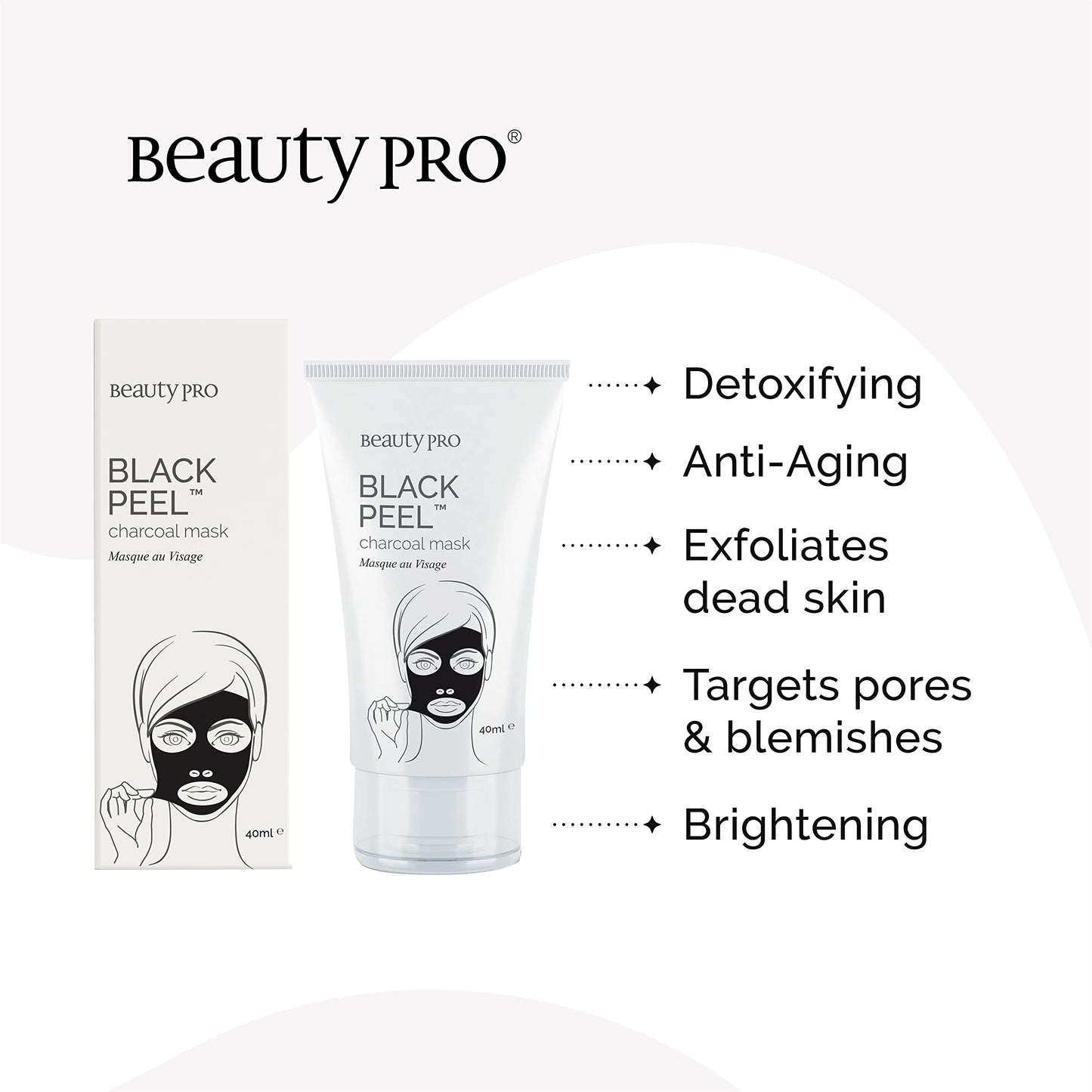 BEAUTYPRO BLACK PEEL Off Charcoal Mask 40ml Tube | Peel Off Face Masks with Activated Charcoal, Gingko Biloba, Tea Tree, & Lemon | Targets Blackheads & Pores |