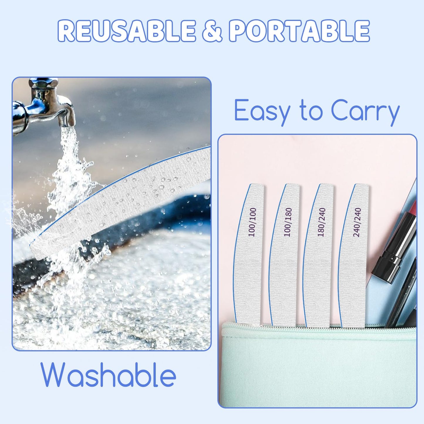 Selistamm 12 PCS Double Sided Emery Board Nail Files, 100/100 Grit for Acrylic & Natural Nails, Washable & Reusable