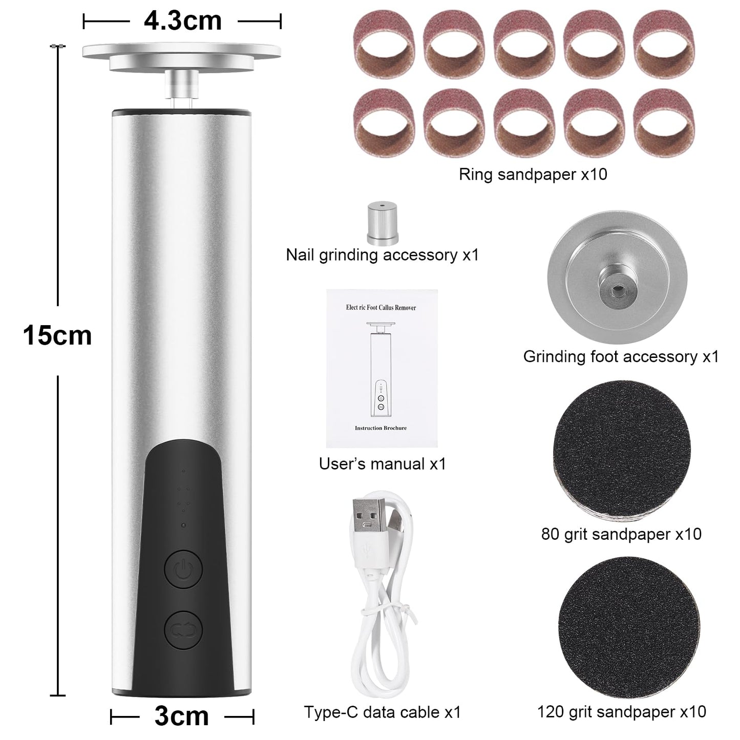 jianyana Jianyana 2 in 1 Electric Foot File, 6-Speed Pedicure Sets for Feet Electric Foot File Hard Skin Remover for Dry Dead Hard Skin Feet Callus Remover for Feet Care Exfoliator (Silver)