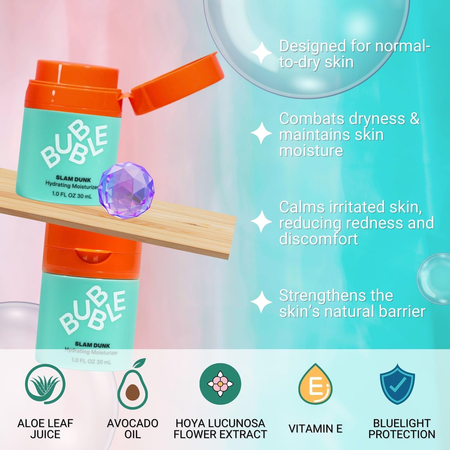 Skincare Bundle with 2 x Bubble Skincare Slam Dunk Hydrating Moisturiser 30ml - Aloe Vera Juice + Vitamin E + Avocado Oil + Niacinamide and Mojee Beauty Canvas Bag