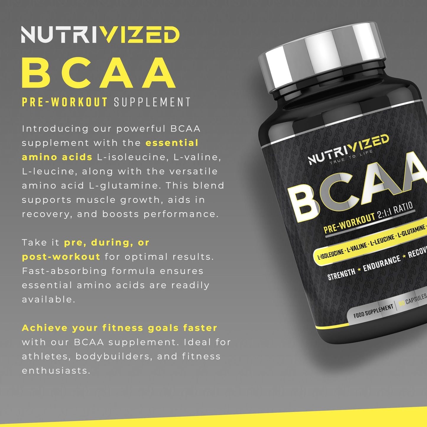 Nutrivized BCAA - 1800mg - 2:1:1 Branched Chain Amino Acid with L Glutamine - Vitamins B6 - Pre Workout for Men & Women - Vegan - Muscle Growth - Recovery - 90 Capsules - Made in The UK