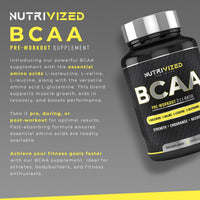 Nutrivized BCAA - 1800mg - 2:1:1 Branched Chain Amino Acid with L Glutamine - Vitamins B6 - Pre Workout for Men & Women - Vegan - Muscle Growth - Recovery - 90 Capsules - Made in The UK