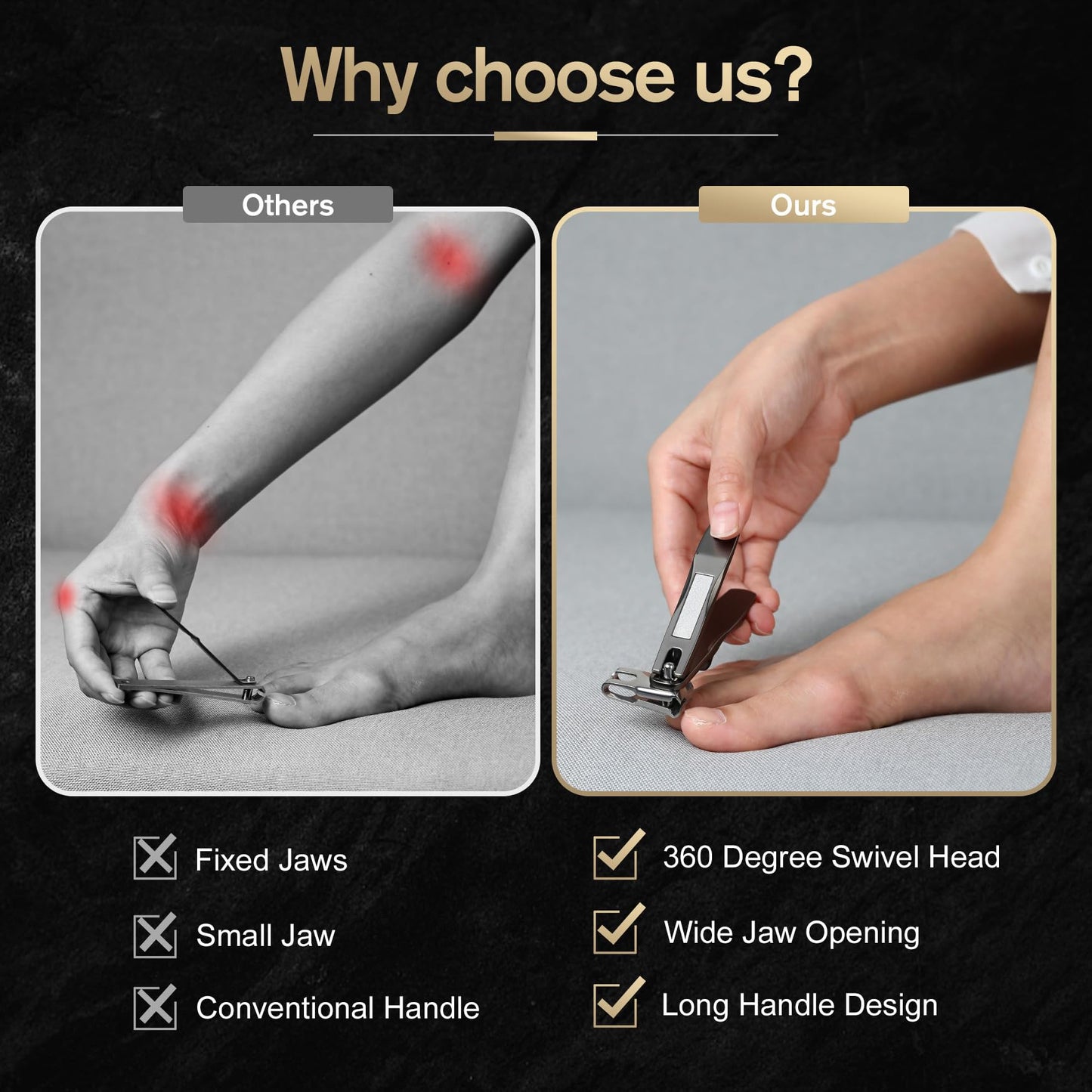 FERYES 360° Rotating Nail Clippers for Seniors, Long Handle Fingernail Clippers for Men and Women, Ergonomic EZ Grip Toenail Clippers for Thick Nails
