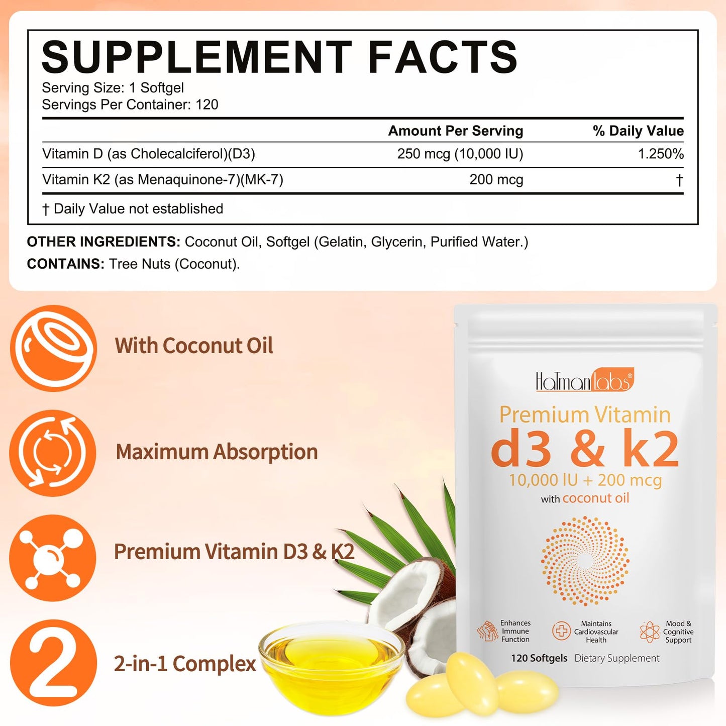 mysemgshuo 120 Count Vitamin D3& Vitamin K2, Vitamin D3 K2 Softgel (MK-7), Vegan Vitamin D3 K2 Supplement, Free of GMO, Gluten, Soy (B)