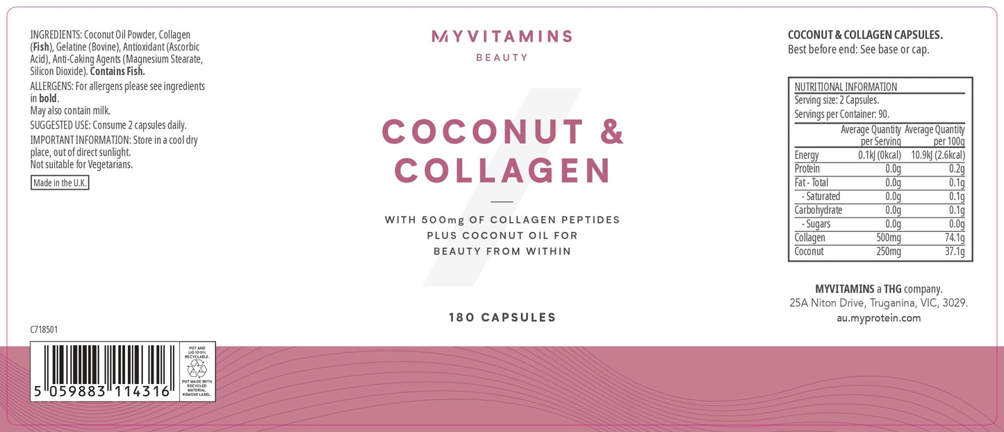 MyVitamins Myprotein Coconut & Collagen Capsules – Hydrolysed Collagen, Coconut Oil & Vitamin C – Supports Skin Health, Glow & Elasticity – 180 Capsules - 90 Servings (3 Month Supply)