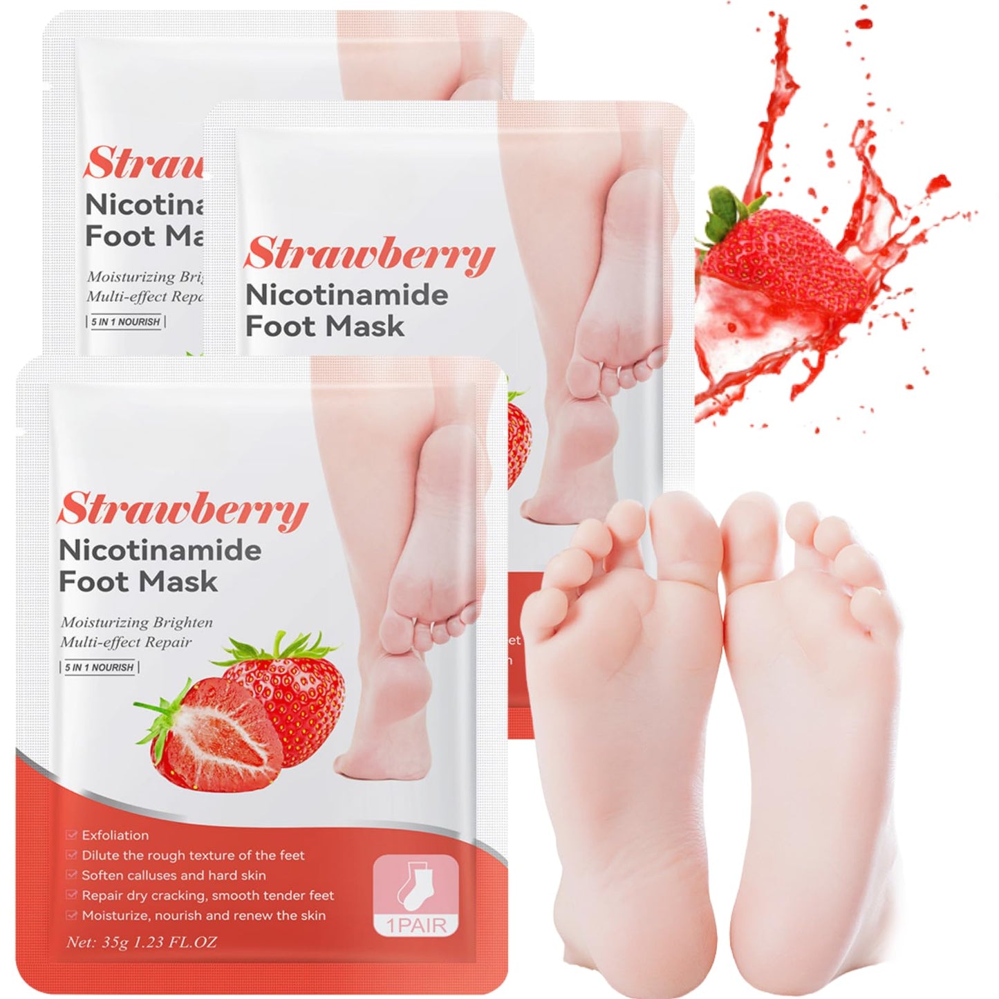 ISBEAUSOLS Foot Peel Mask - Foot Mask - Foot Peel Mask for Hard Skin - Foot Moisturiser Socks - Foot Exfoliator - Repair Heels & Removes Dry Dead Skin for Soft Feet 3 Pack (Strawberry)