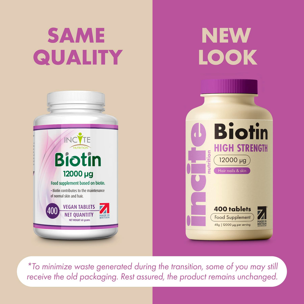 Incite Nutrition Biotin Hair Growth Support Supplement 12,000mcg - 400 Tiny 6mm Tablets (Full Year Plus Supply) - for Men & Women