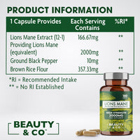 Lions Mane 2000mg with Black Pepper 180 Capsules - 6 months supply of High Strength Lions Mane from Beauty & Co Brand, 1 Capsule = 1 Serving, Vegan, Made in The UK.