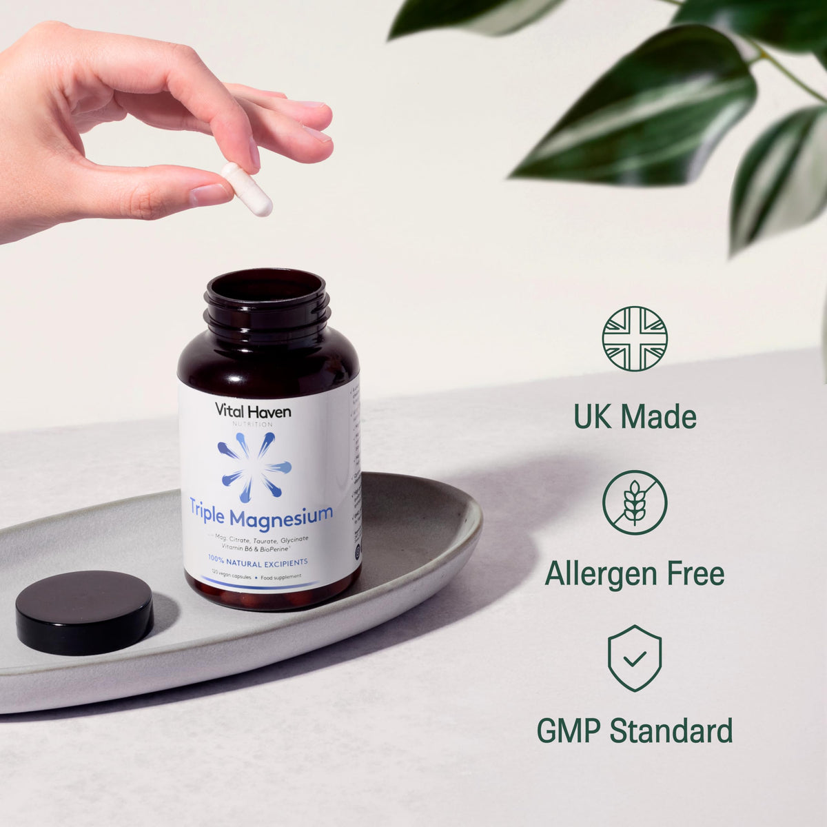 Vital Haven Magnesium Supplement - Citrate + Glycinate + Taurate with Vitamin B6 and BioPerine - 2 Capsules - UK Made