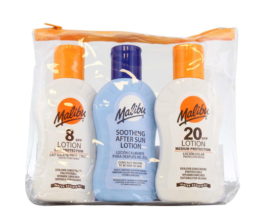Malibu Sun Travel Essentials with Medium and Low Suncream Protection and Soothing Aftersun Lotion, Water Resistant, SPF 8 and 20, Multipack, 3 x 100ml
