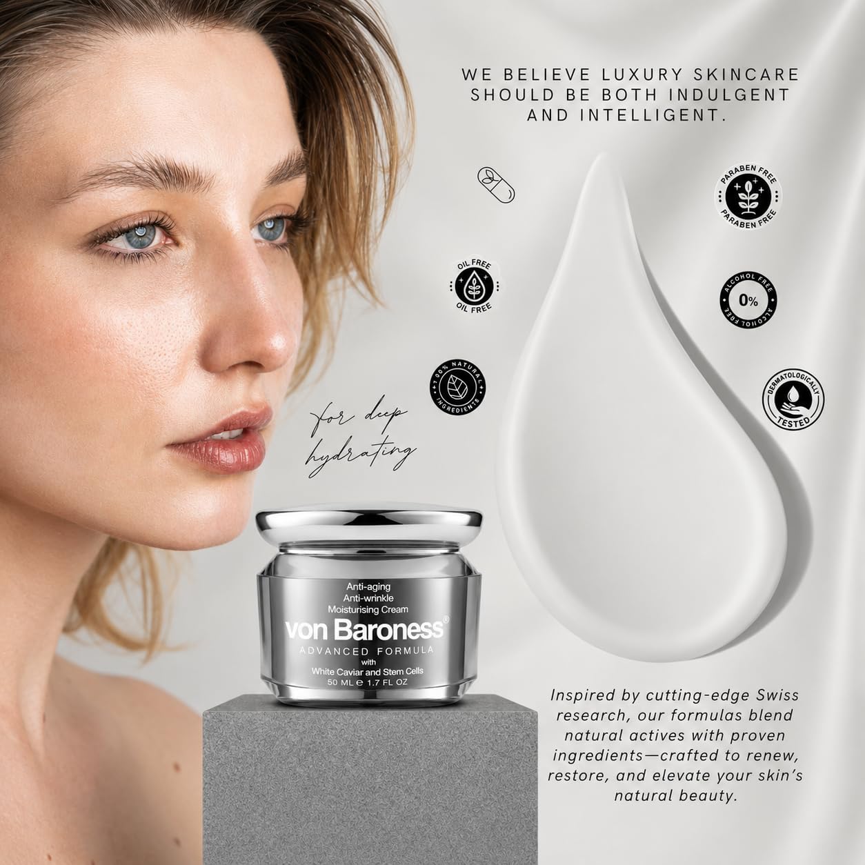 VON BARONESS Von Baroness Caviar Face Cream 50ml – Anti Ageing Face Cream for Women & Men, Firming Cream with White Caviar Extract, Collagen, Retinol, Hyaluronic Acid – Day & Night Cream Anti Wrinkle Moisturiser