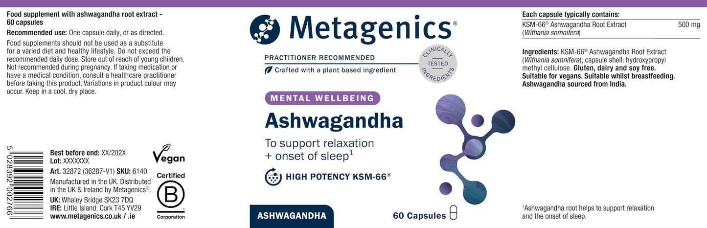 Metagenics Ashwagandha 500mg - Supports Mental Clarity and Hormone Balance - High-Strength Supplement - 60 Capsules