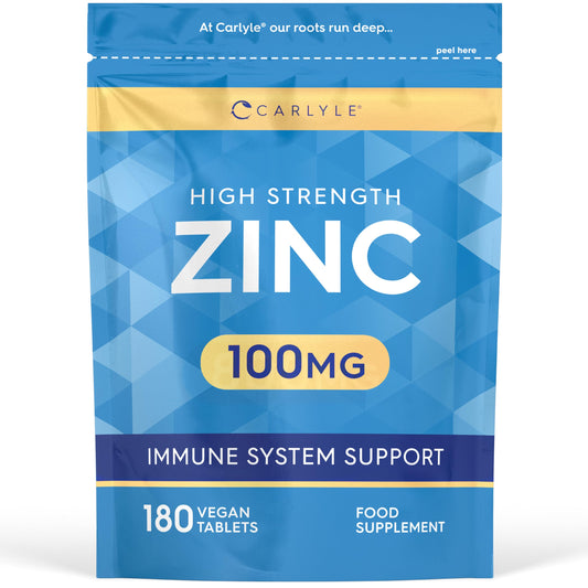 Zinc Supplements 100mg | High Strength Zinc Tablets | 180 Count | Suitable for Vegetarians & Vegans | Carlyle