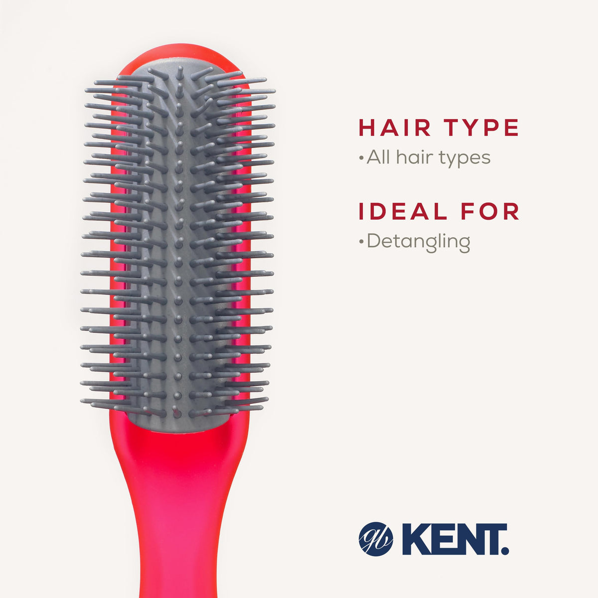 KENT Kent AirHedz Glo Half Round Hair Brush Raspberry - Detangling Hairbrush for Medium to Long Thick Hair, Cushioned Non-Scratch Quill Brush
