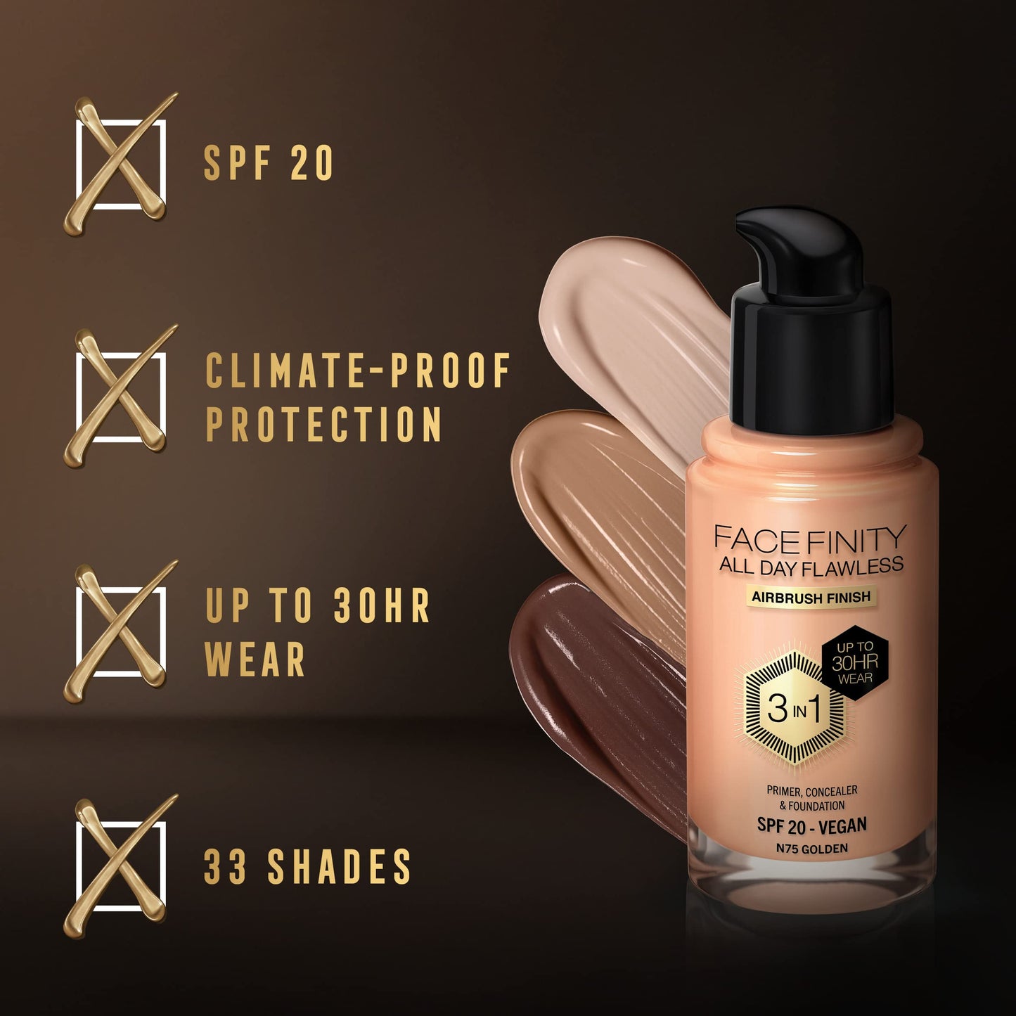 Max Factor Facefinity All Day Flawless 3 in 1 Liquid Foundation, Lightweight Oil Free Formula with SPF 20, 075 Golden, 30 ml, packaging may vary