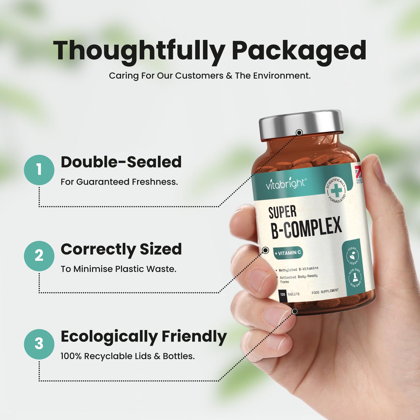 VitaBright Vitamin B Complex High Strength Methylated B Vitamins | B6 Vitamins with Folate & B12 Supplements | Complete Complex with 12 Active Nutrients | Not Liquid Drops Or Spray | Vitabright