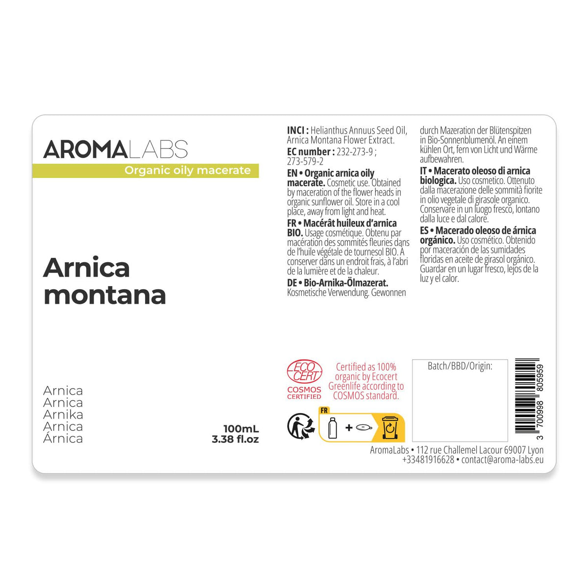 Aroma Labs ORGANIC - ARNICA Infused Oil - 100mL - 100% Pure, Natural and Cosmos Certified - AROMA LABS (French Brand)