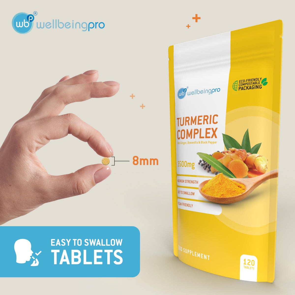 WBP Turmeric Complex 3500mg Maximum Strength (Up to 4 Months Supply) – with 95% Curcumin, Ginger, Boswellia Serrata & Black Pepper – Eco & Letterbox-Friendly Compostable Packaging – 120 Tablets