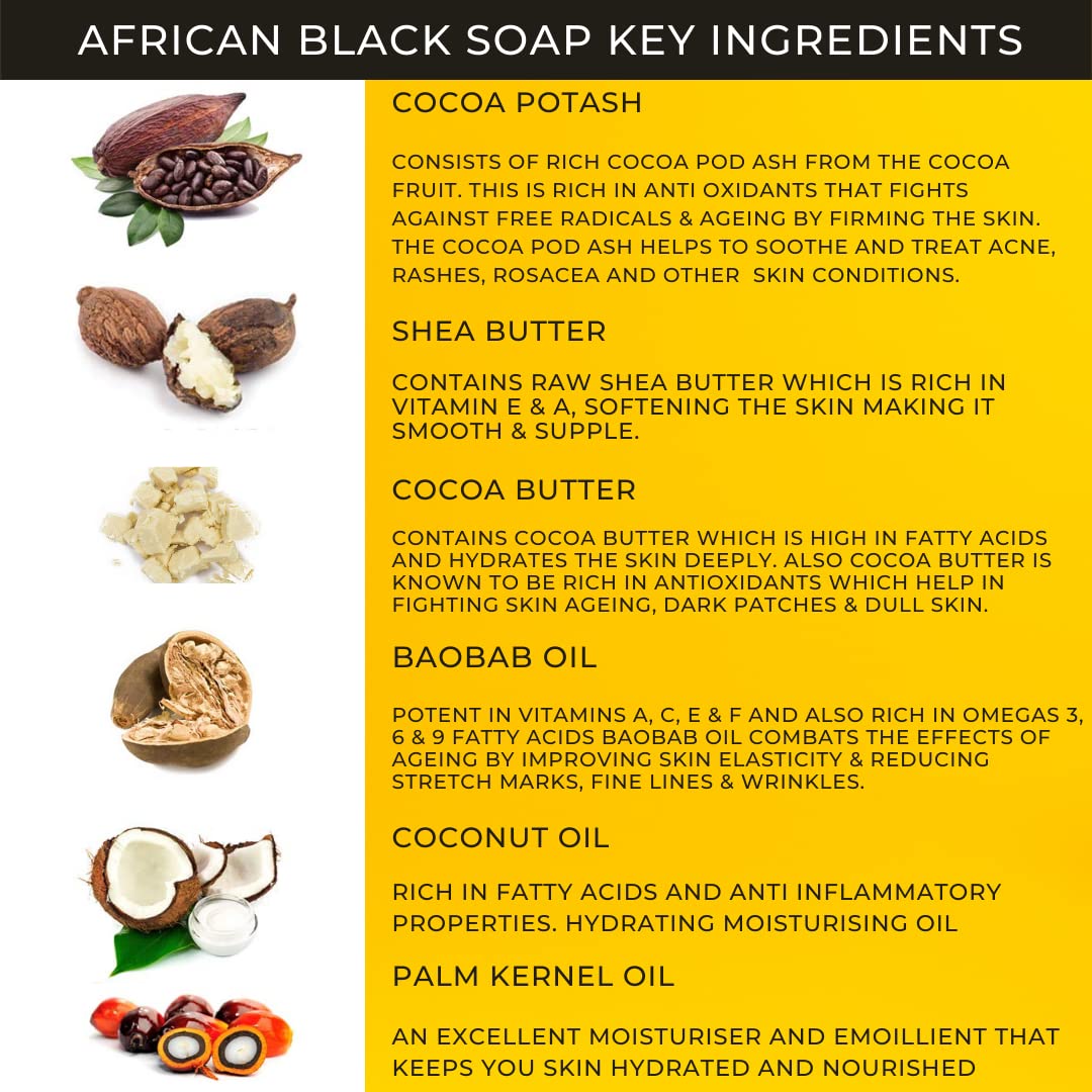 UNIQUE AROMAS Unique Aromas African Black Soap Skin Care, All in One Body Wash, Face Wash, Shampoo & Shaving Soap with Fair Trade Shea Butter Organic Soap for Acne, Rashes, Scar Removal (Unscented, 300g)