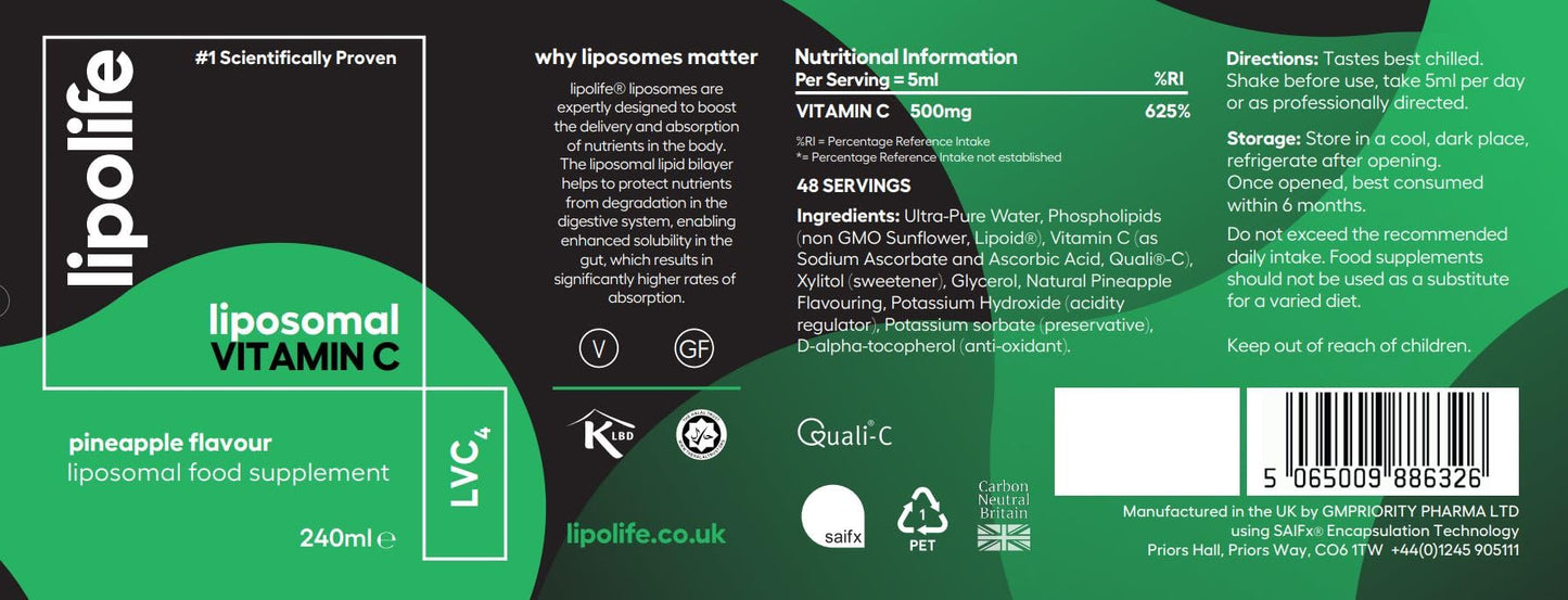 Lipolife Liposomal Vitamin C - 500mg | High Strength Pineapple Flavour | 48 Servings | LVC4 | Higher Absorption, Scientifically Proven | Advanced Nutrient delivery | Made in UK by lipolife
