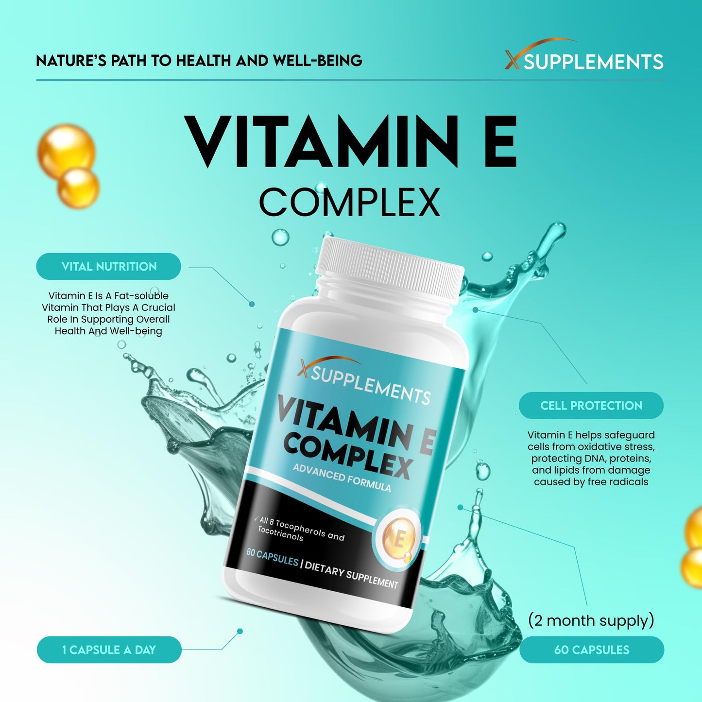 X supplements Natural Vitamin E Complex | 60 Vegan Capsules |100% Natural Ingredients | Advanced Formula | All 8 E Tocopherols & Tocotrienols | No Fillers Or Binders | X Supplements | Supports Immune Health