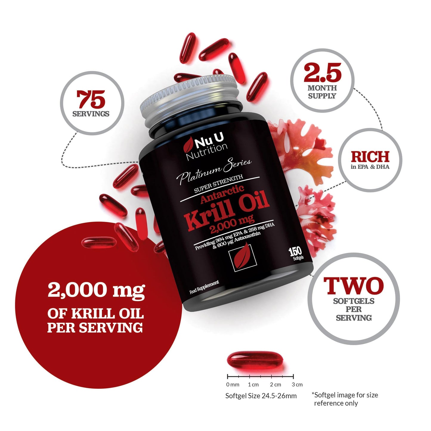Antarctic Krill Oil Super Strength 2000mg - 150 Softgels Capsules - with Astaxanthin & Phospholipids - Omega 3 Fish Oil Alternative - Source of EPA & DHA - Made in the UK - Nu U Nutrition
