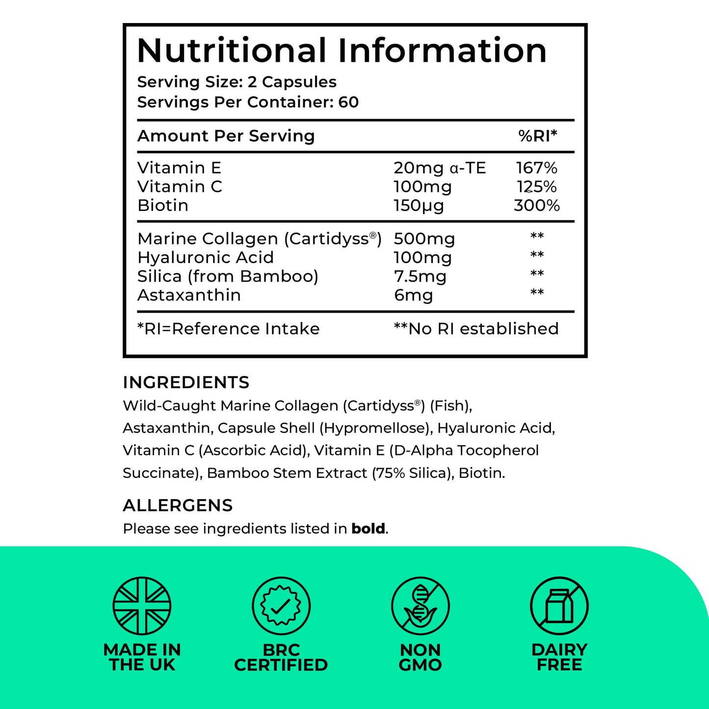 LOVE LIFE SUPPLEMENTS Marine Collagen Skin Boost+ with Astaxanthin & Hyaluronic Acid, 120 Capsules - 2 Month Supply, Also Cartidyss® (Type II), Vitamin C, Vitamin E, Bamboo Stem Extract, Biotin - for Skin, Hair, Nails