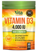 VitaPremium Vitamin D 4,000 IU Gel Capsules, High Strength Vitamin D3 Supplement, 365 Easy to Swallow Tablets - Full Year Supply