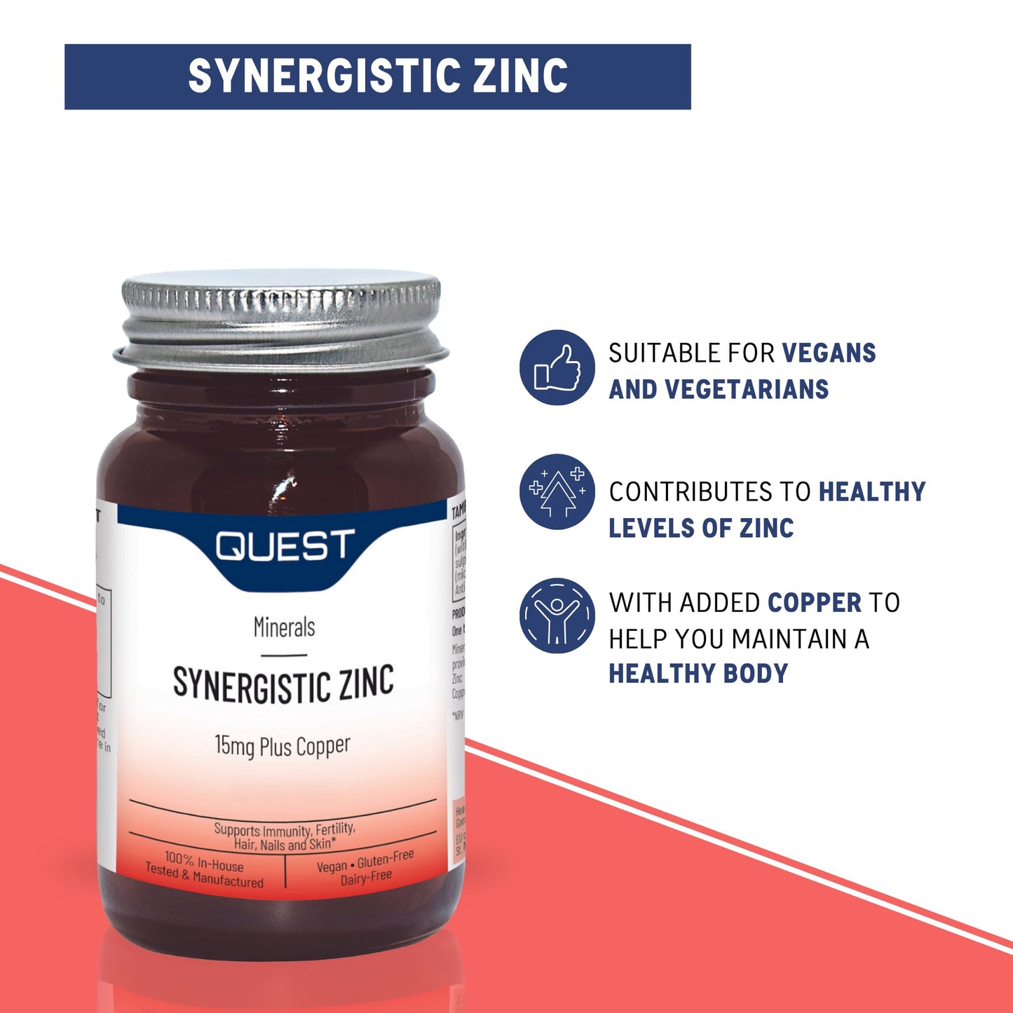 Quest - 30x 15mg Synergistic Zinc with Copper for Immune System Support & Hair, Skin & Nails Booster. Daily Vegan & Gluten Free Zinc Supplements Capsules for Immunity & Antioxidant (Pack of 1)