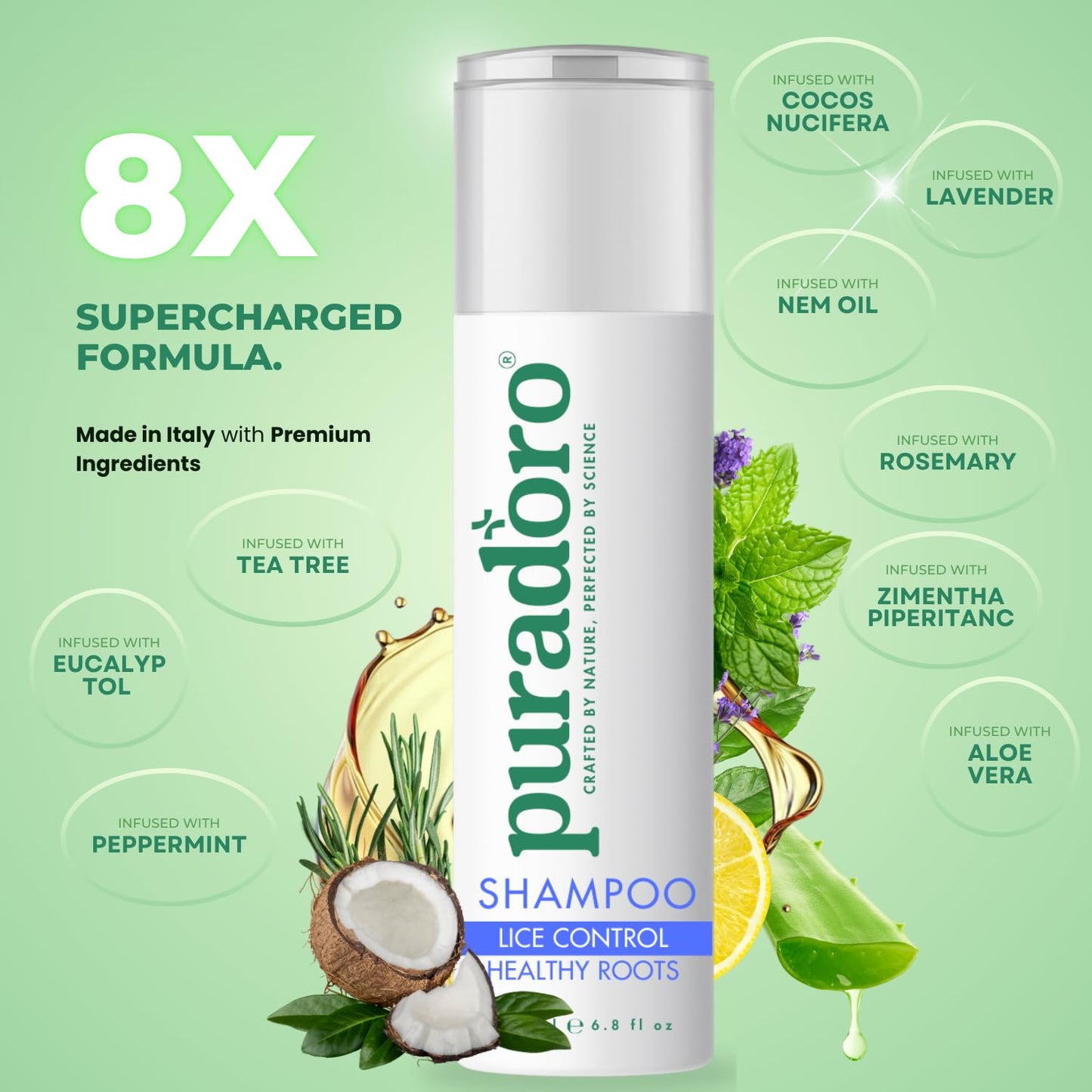 Puradoro Lice Control & Healthy Roots Shampoo – Natural Defence Against Head Lice, Nits & Eggs for Kids & Adults with Neem, Tea Tree & Lavender, Gentle on Scalp, Infused with Coconut Oil