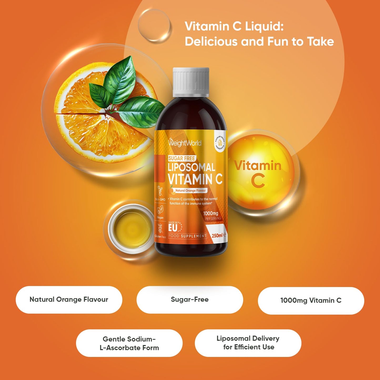 WeightWorld Liposomal Vitamin C Liquid - 250ml - Natural Orange Flavour - Sugar-Free & Gluten-Free - 1000mg per Serving - Easy-to-Absorb Sodium-L-Ascorbate Form - Non-GMO & Vegan-Friendly VIT C Supplements