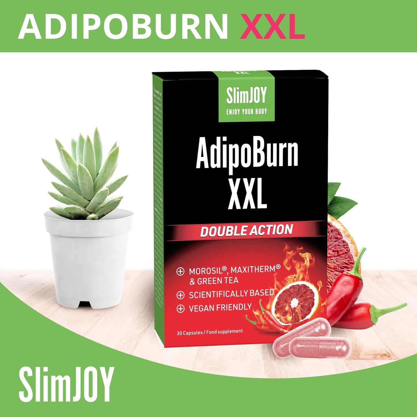 Slimjoy SlimJOY AdipoBurn XXL - Extract of Green Tea Leaves, Cayenne and Caffeine - with Free E-Book Guide - 3 x 30 Capsules