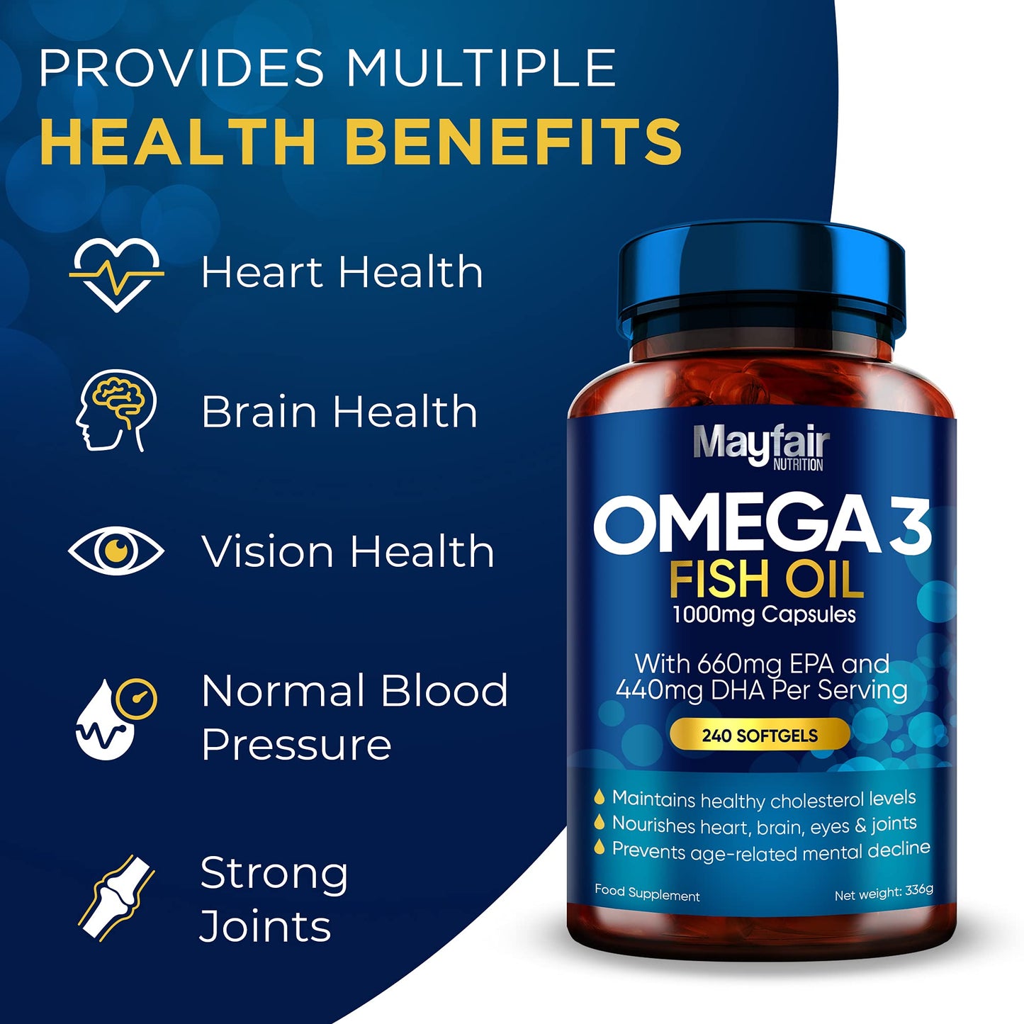 Mayfair Nutrition Omega 3 1000mg Capsules - 240 Fish Oil Tablets with 660mg EPA & 440mg DHA per Daily Serving - Supports Heart, Vision, & Brain Health - 4 Months Supply - Made in UK…