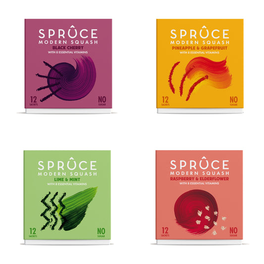 Spruce Natural Water Flavouring With Vitamins – Mixed Pack Taster Bundle – 4 Flavours, 48 Drinks – No Sugar – Made With Real Fruits – Healthy Modern Squash Cordial – Perfect For Hydration
