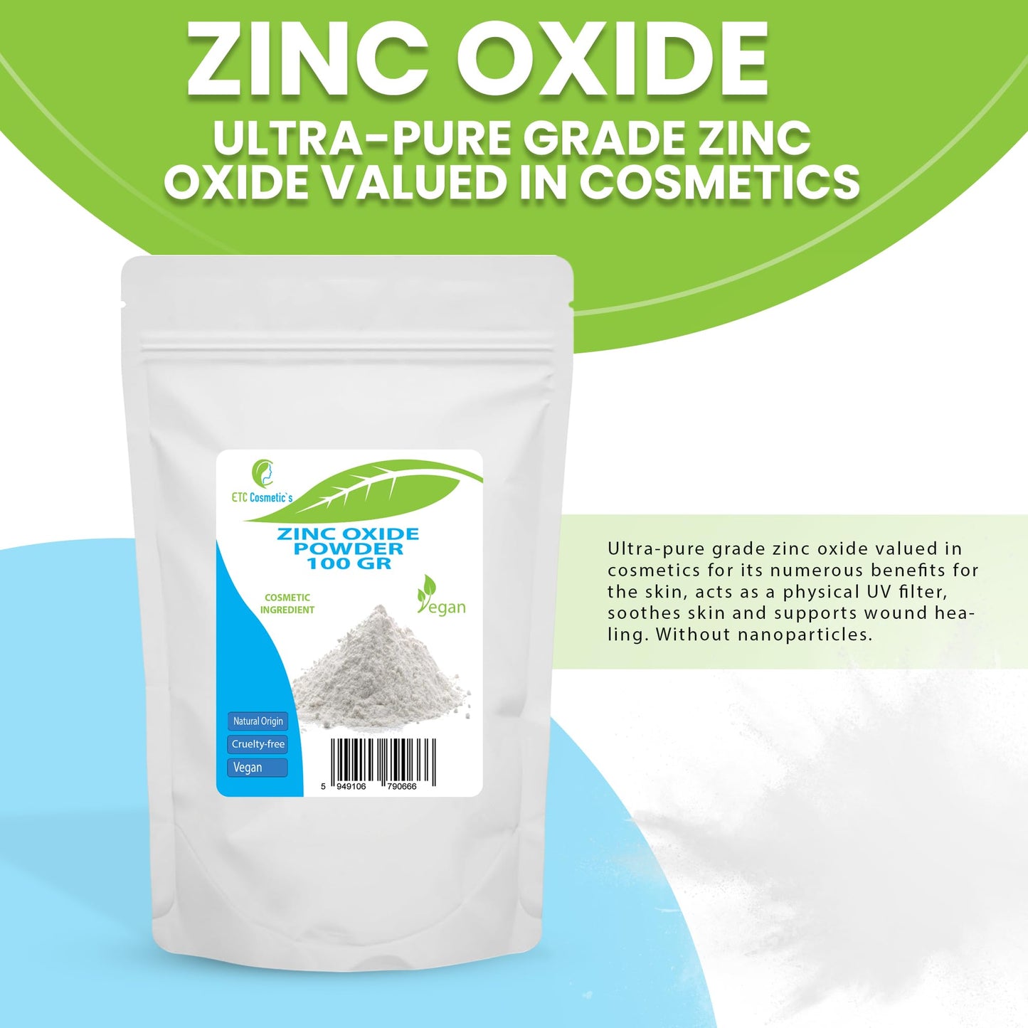 ETC Cosmetic`s Zinc Oxide Powder - 100 gr - Cosmetic Ingredient, high Purity Material, Non-Nano
