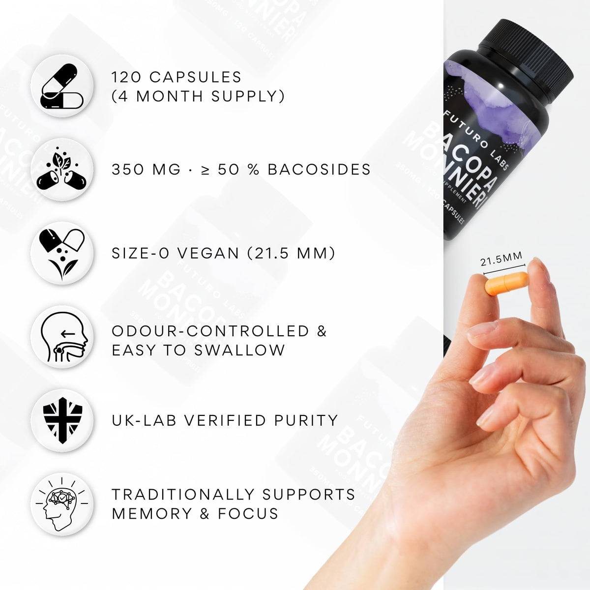Futuro Labs Bacopa Monnieri Capsules 350mg - Brain/Memory Supplements - Made in The UK - 4 Month Supply - Vegan, Non-GMO, Gluten-Free. Natural Ayuverdic Supplement Bacopa Extract