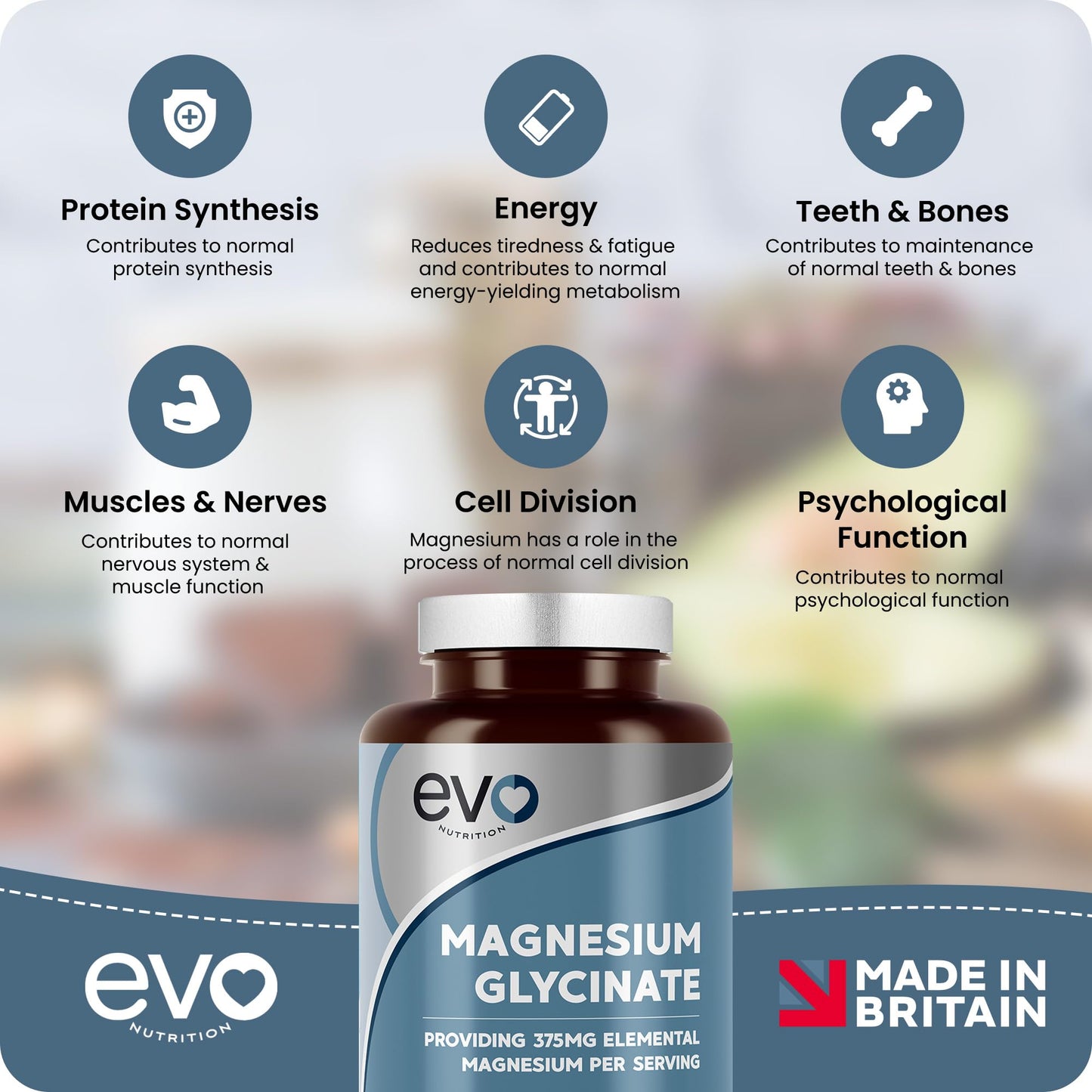 Magnesium Glycinate Supplement, 120 Capsules | Designed to Support Sleep, Energy, Body & Cognitive Health | High Strength 1875mg per Serving with 375mg Elemental | Vegan & UK Made | EVO NUTRITION