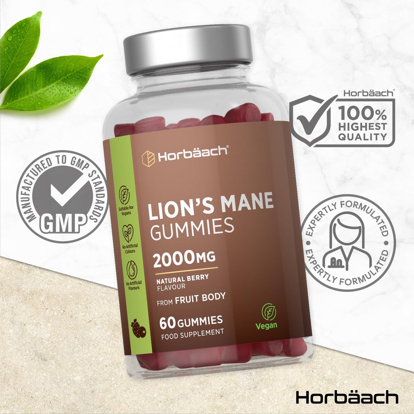 Horbäach Lions Mane Gummies 2000mg | High Strength Lions Mane Supplement | Mushroom Extract | Natural Berry Flavour | 60 Vegan Gummies | by Horbaach