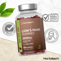 Horbäach Lions Mane Gummies 2000mg | High Strength Lions Mane Supplement | Mushroom Extract | Natural Berry Flavour | 60 Vegan Gummies | by Horbaach