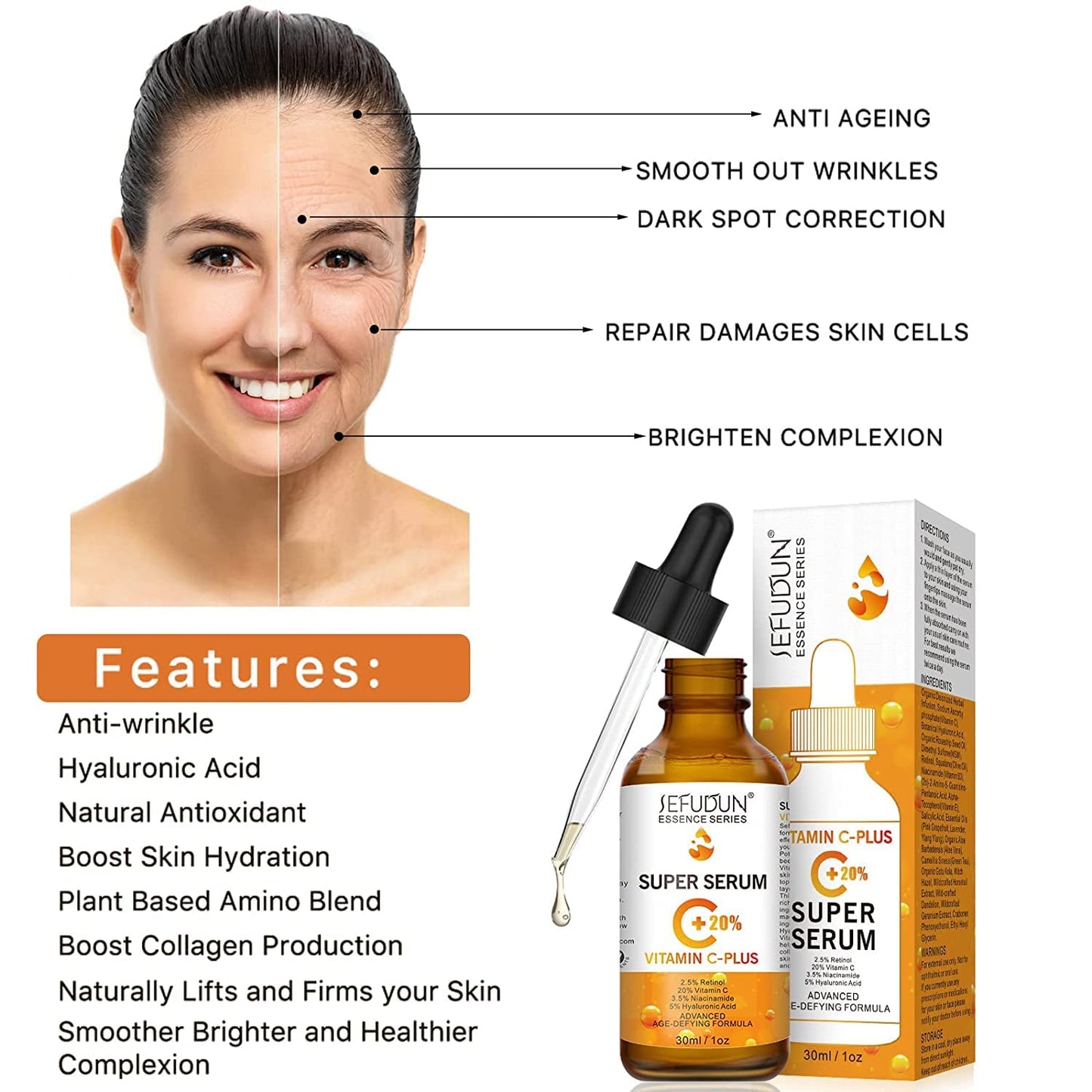 Premium 20% Vitamin C Serum for Face with Hyaluronic Acid (30 ml), Anti Aging & Wrinkle Facial Serum for Women & Men, Antioxidant, Fades Dark Spot, Boost Skin Collagen, Hydrate & Brighten
