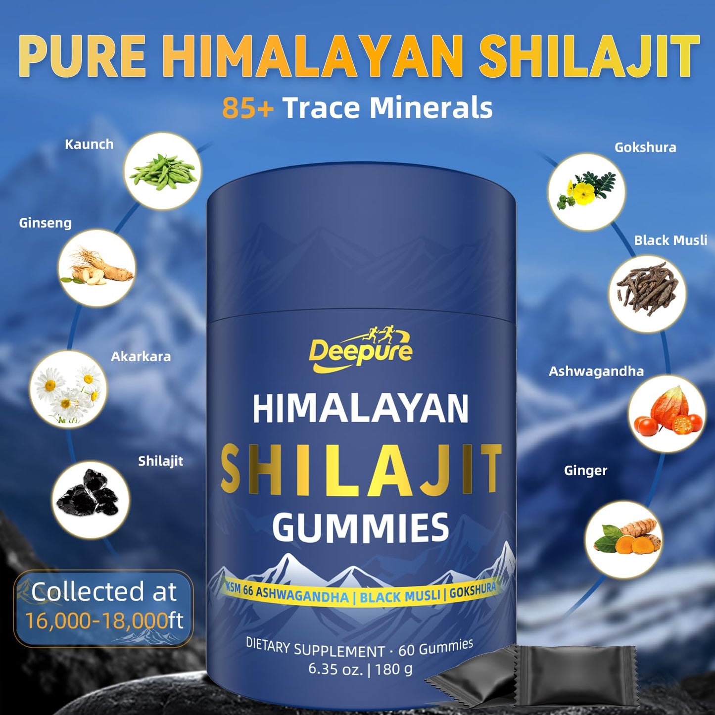 Deepure Pure Himalayan Shilajit Gold Gummies - Vegan Formula with Fulvic Acid and 85+ Trace Minerals for Vitality and Energy Support (60 Individually Wrapped Gummies)
