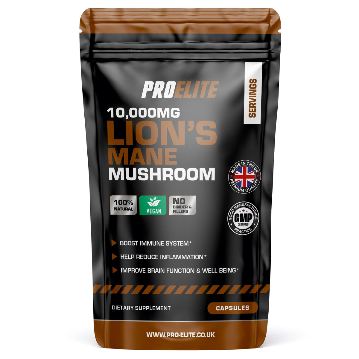 Lions Mane Mushroom Supplement 10,000mg - 120 Capsules Vegan High Strength 20:1 Extract Lions Mane Capsule Not Powder or Tablets Made in The UK by PROELITE