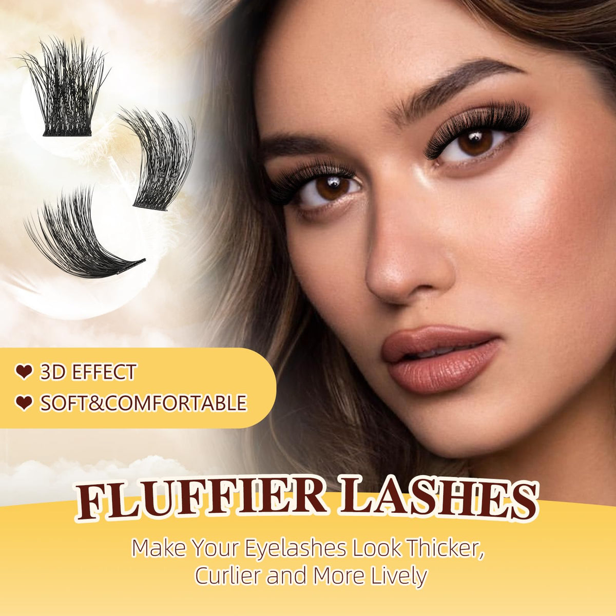 QUEWEL Cluster Lashes Kit Fluffy Lash Clusters, 144 pcs Thick Lashes Individual Cluster with 16ml Bond and Seal Lash Glue, Lash Applicator Easy to Use at Home (3D-Honey01 Kit)