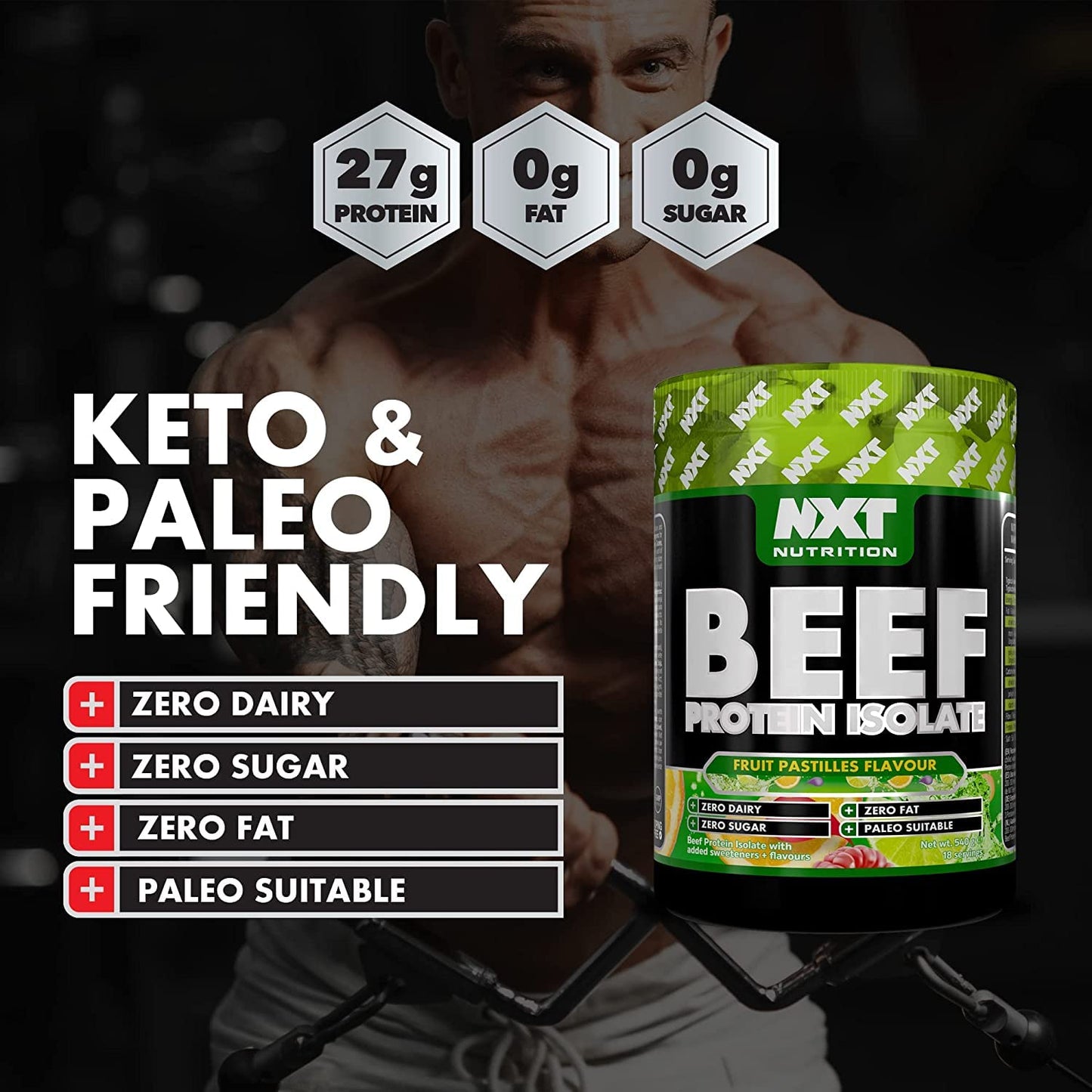NXT Nutrition NXT Beef Protein Isolate 540g - High Protein Powder in Natural Amino Acids - Paleo, Keto Friendly - Dairy and Gluten Free | 540g (Fruit Pastilles)