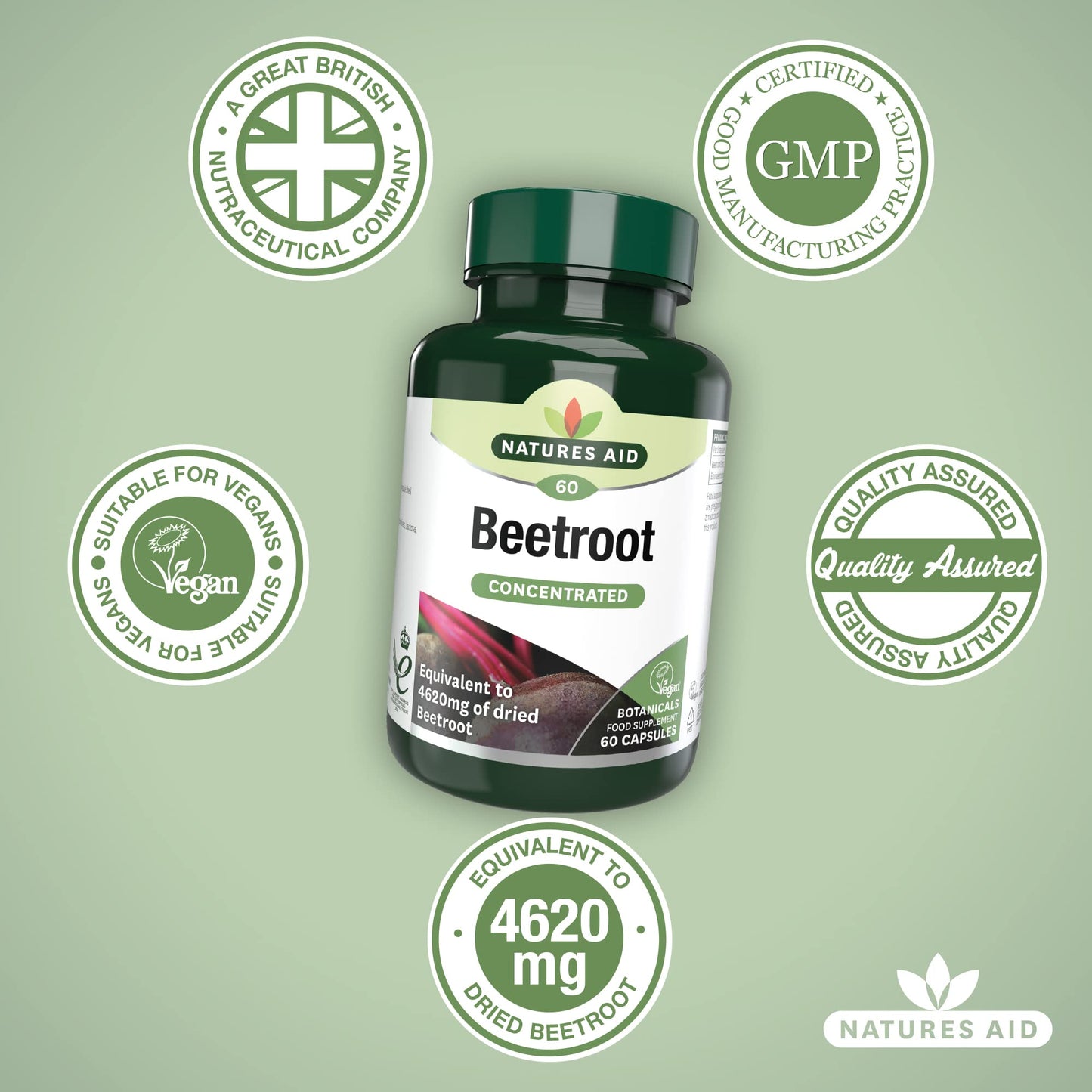 Natures Aid Beetroot 4620mg Supplement - Concentrated High Potency 9240mg Dried Root 1400mg Beetroot Extract - Supports Blood Pressure, Digestion and Detox - Non-GMO, Vegan, Gluten-Free - 60 Capsules