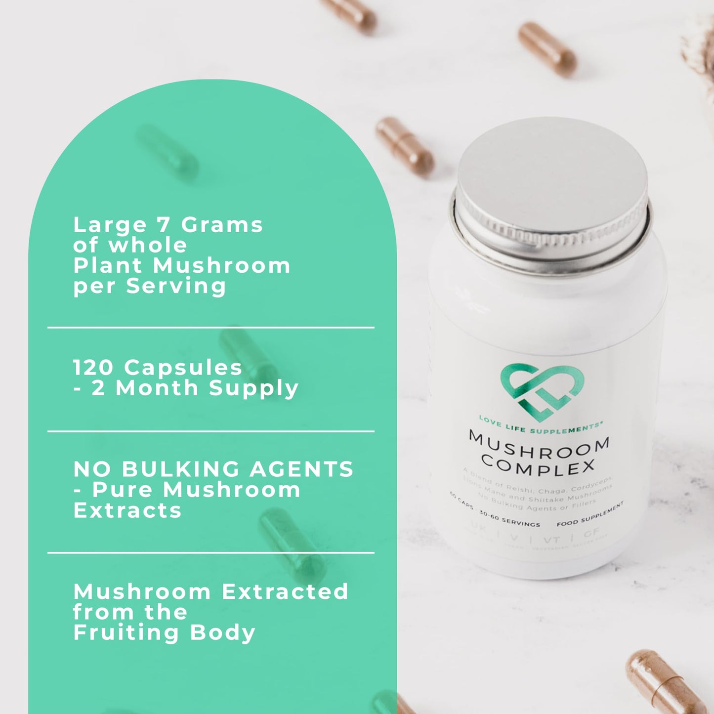 Mushroom Complex by LLS | Contains 1000mg Reishi, Chaga, Cordyceps, Lions Mane and Shiitake Mushrooms | 120 Capsules - 2 Month Supply | No Fillers | Vegan | Love Life Supplements